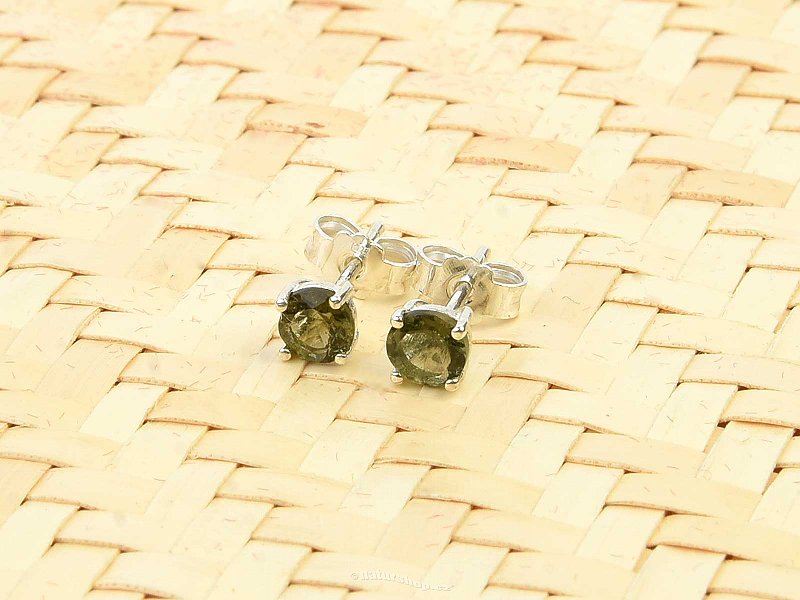 Moldavite round earrings 4mm standard cut Ag 925/1000