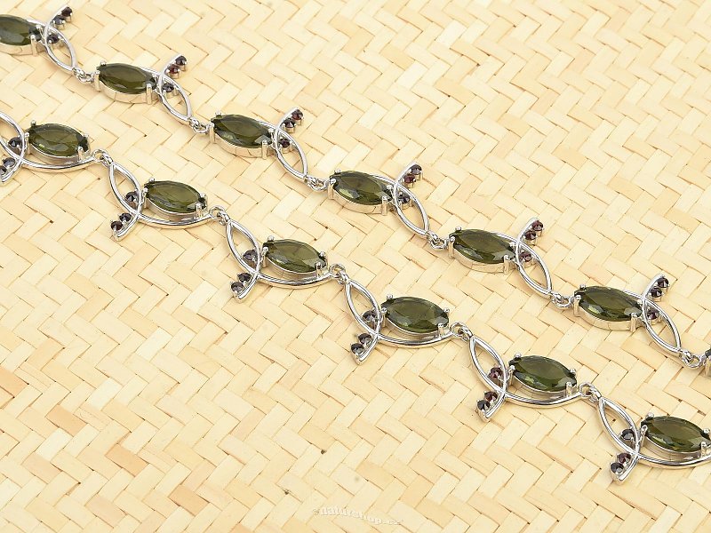 Exkluzivní náhrdelník s vltavíny a granáty 48cm Ag 925/1000 +Rh 36.2g