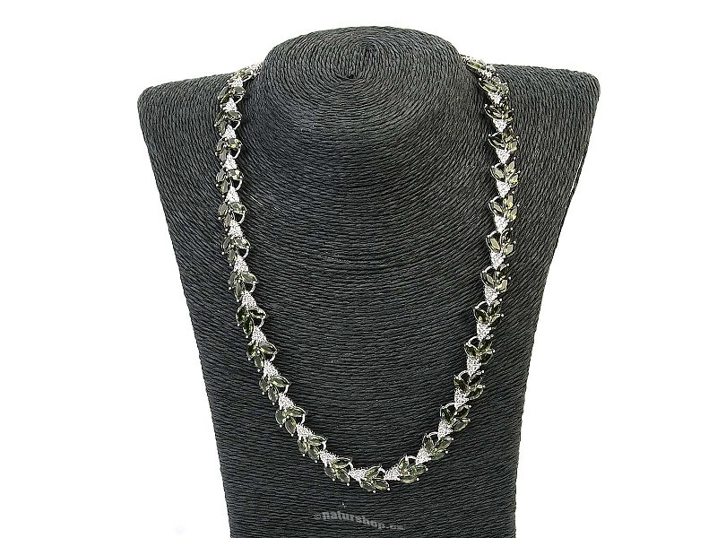 Vltavíny a zirkony luxusní náhrdelník 50cm standard brus Ag 925/1000 + Rh 58,7g