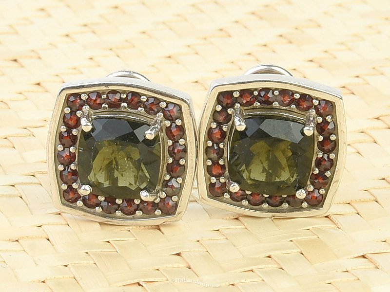 Earrings moldavite and garnet square standard cut Ag 925/1000 9.4g
