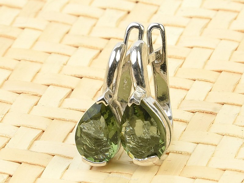 Drop earrings with moldavite 9 x 6 mm standard cut Ag 925/1000