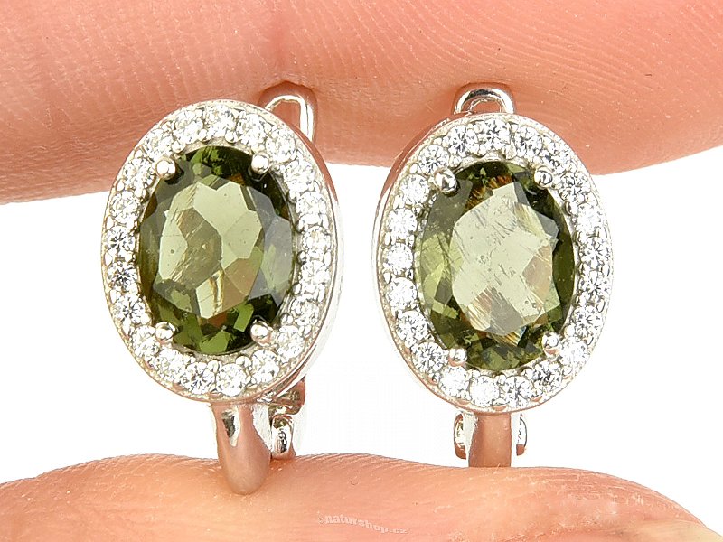 Oval earrings with moldavite and zircons, cut 8x6mm Ag 925/1000 + Rh