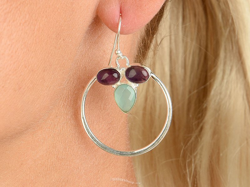 Silver earrings circles amethyst + chalcedony Ag 925/1000 8.8g