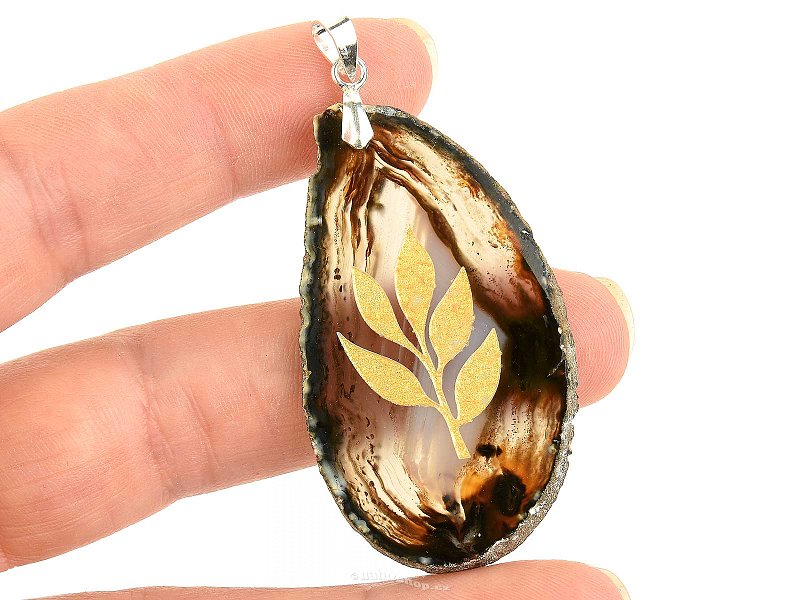 Agate pendant handle Ag 925/1000 engraved leaf 9.6g