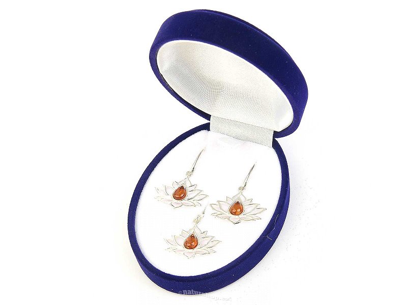 Gift set amber jewelry lotus flower Ag 925/1000