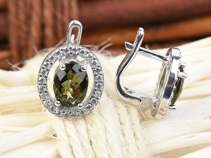 Moldavite and zircon earrings oval cut checker top Ag + Rh