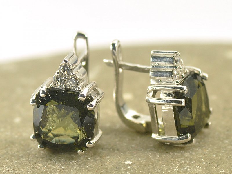 Moldavite earrings and cubic zirconia square 10x10mm cut 925/1000 Ag + Rh