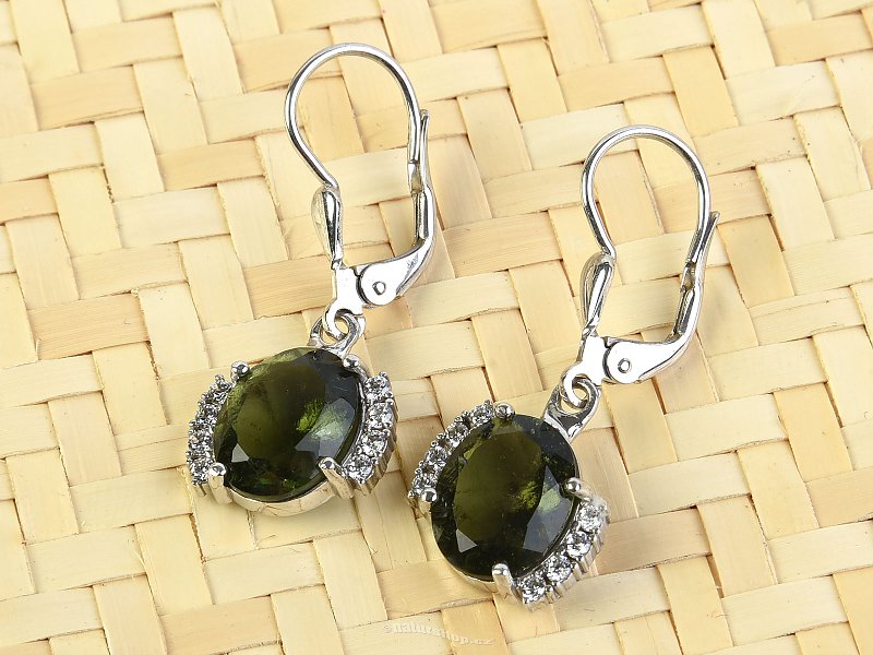 Moldavite oval earrings with cubic zirconia Silver Ag 925/1000