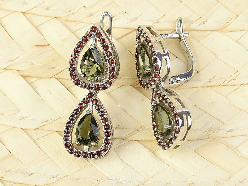 Luxury earrings with garnets and moldavite Ag 925/1000 + Rh multi-row drops