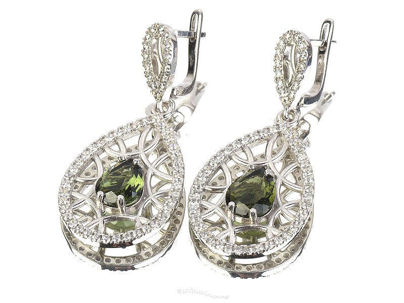 Moldavite drop earrings with cubic zirconia standard cut 925/1000 Ag + Rh