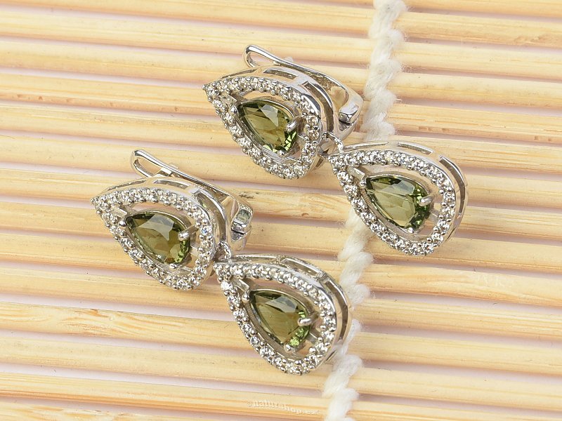 Moldavite and zircons earrings two drops 7 x 5 mm standard cut Ag 925/1000 + Rh