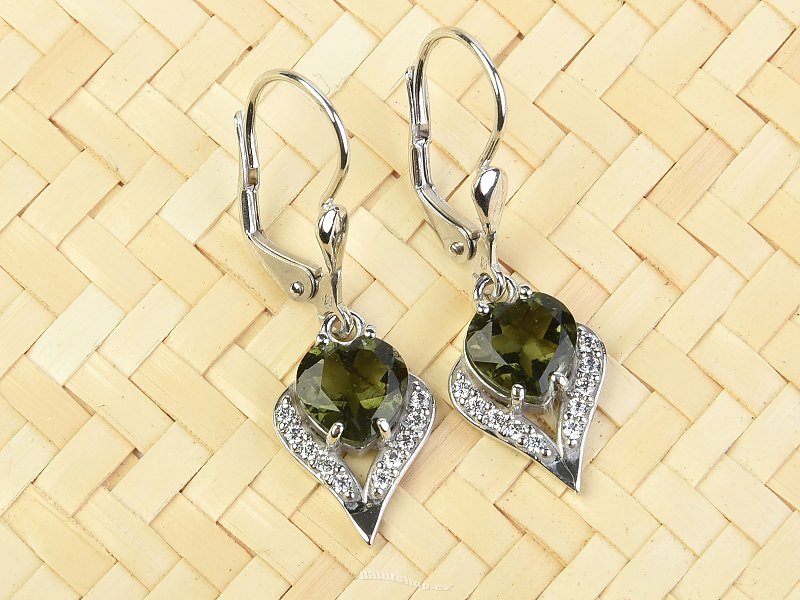 Moldavite and zircons heart earrings 7 x 7 mm standard Ag 925/1000 + Rh