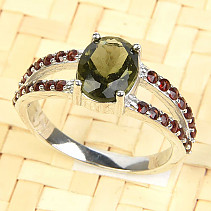 Moldavite with garnets ring standard cut oval 9 x 7mm silver Ag 925/1000 + Rh