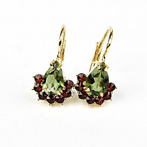 Moldavite and garnet earrings 7 x 5mm gold standard Au 585/1000 14K 3.34g