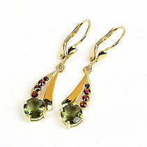 Moldavite and garnets luxury earrings 7mm gold standard Au 585/1000 14K