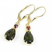 Moldavite and garnet earrings drop 10x7mm gold Au 585/1000 14K 3.38g