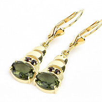 Moldavite earrings and garnets standard cut gold Au 585/1000 14K 3.72g