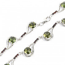 Luxury necklace moldavite and garnets cut Ag 925/1000 (49cm)