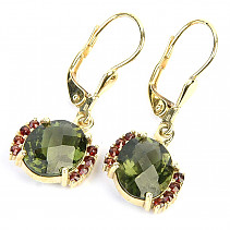 Moldavite and garnets gold earrings oval 10 x 8mm checker top cut Au 585/1000 14K 4.00g