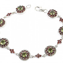 Luxury moldavite bracelet and garnets 18.5 cm Ag 925/1000 + Rh standard cut