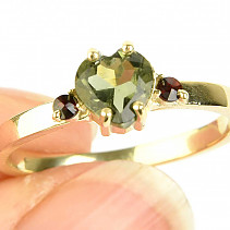 Moldavite and garnets gold ring 6mm heart Au 585/1000 14K size 56 2.51g
