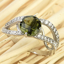 Decorated ring of moldavite and zircons Ag 925/1000 checker cut