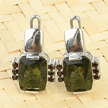 Earrings moldavite and garnet cut rectangle 9x7mm Ag 925/1000