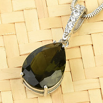 Moldavite pendant with zircons drop 14 x 10mm standard cut Ag 925/1000 + Rh