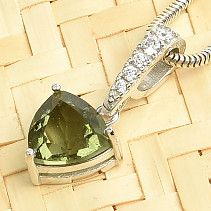 Moldavite pendant with zircons triangle 8 x 8mm standard cut Ag 925/1000 + Rh