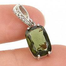 Moldavite pendant with zircons rectangle cut Ag 925/1000 + Rh