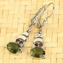 Women's earrings with moldavite and garnet Ag 925/1000 + Rh