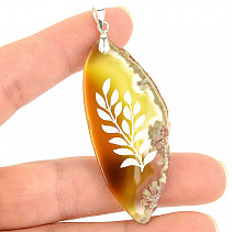 Agate slice pendant engraved leaf handle Ag 925/1000 10.3g