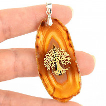 Agate slice pendant engraved tree of life handle Ag 925/1000 8.9g