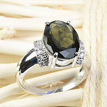 Vltavín a zirkony prsten brus ovál 14 x 10mm stříbro Ag 925/1000 + Rh