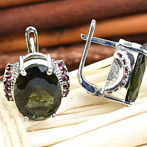 Moldavite garnet earrings 14x10mm oval cut Ag + Rh