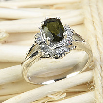 Vltavín a zirkony prsten brus ovál 7 x 5mm stříbro Ag 925/1000 + Rh
