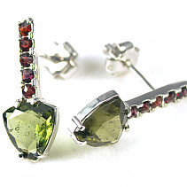 Earrings with garnets and a moldavite triangle 8 mm Ag 925/1000 + Rh