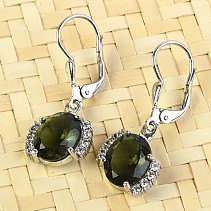 Moldavite oval earrings with cubic zirconia Silver Ag 925/1000