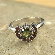 Vltavín prsten s granátem 7mm stříbro Ag 925/1000 + Rh