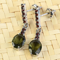 Moldavite silver earrings with garnets oval cut 9x7mm 925/1000 Ag + Rh