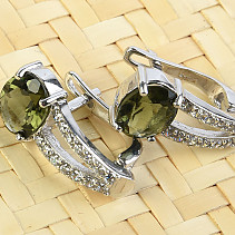 Luxury earrings with cubic zirconia and moldavite 925/1000 Ag + Rh