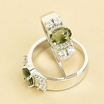 Moldavite oval ring with cubic zirconia smooth 925/1000 Ag + Rh