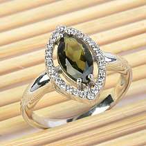 Vltavín slza prsten se zirkony standard brus Ag 925/1000 + Rh