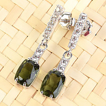 Moldavite and zirconia earrings rectangle 8 x 6 mm standard cut 925/1000 Ag + Rh