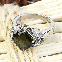 Vltavín a zirkony prsten 10mm kosočtverec checker top Ag 925/1000 + Rh