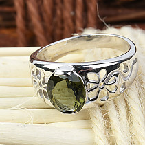 Vltavín prsten zdobený kytičkami ovál 9 x 7mm standard Ag 925/1000 + Rh