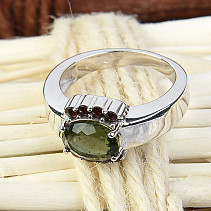 Moldavite ring with garnets 9 x 7 mm standard cut 925/1000 Ag Rh