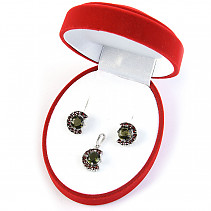 Luxusní sada šperků vltavín s granáty Ag 925/1000 + Rh