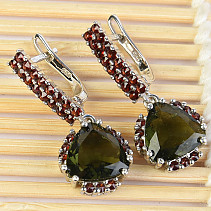 Moldavite and garnets earrings luxury standard Ag 925/1000 + Rh
