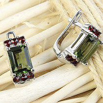 Moldavite and garnets earrings rectangle 8 x 6mm standard Ag 925/1000 + Rh